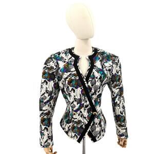 Vintage 80s Liz Elana White Black Abstract 100% Silk Quilted Peplum Jacket